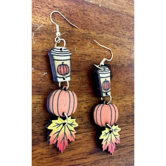 Pumpkin Latte Earrings Coffee Fall Leaves New Dangle Hooks Double Sided… - Picture 12 of 12